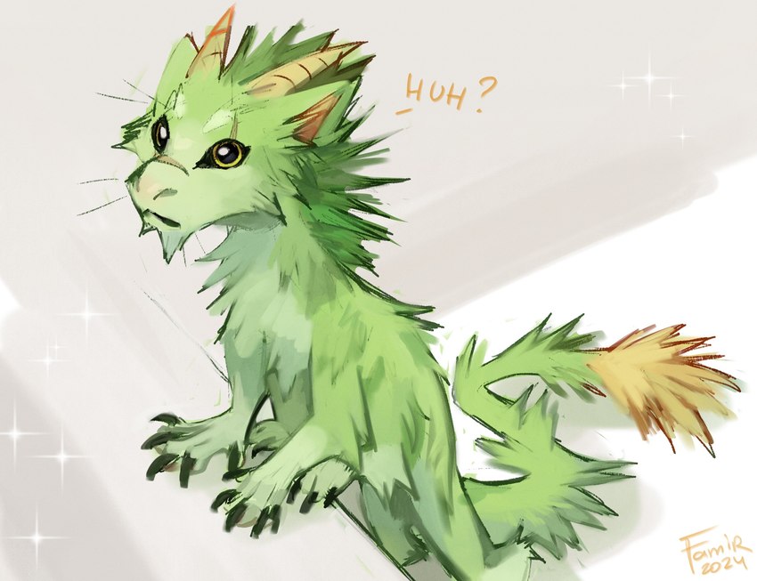 6_legs ambiguous_gender feral fur glistening glistening_eyes green_body green_fur green_hair hair messy_fur mouth_closed solo tail tail_tuft tuft wet wet_body wet_fur yellow_eyes famir mythology famir_(character) bovid caprine dragon furred_dragon furred_scalie goat hybrid mammal mythological_creature mythological_scalie scalie 2024 dated hi_res signature