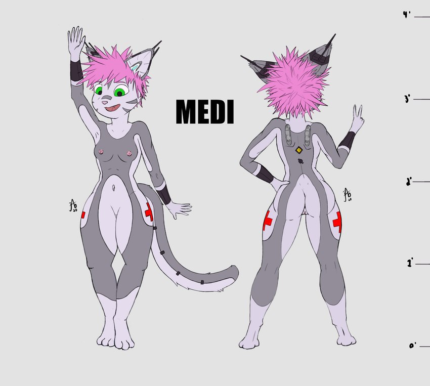 anthro breasts female fur fur_markings genitals green_eyes hair machine markings nipples pink_hair short_stack solo text justablank medi_(justablank) android robot 2020 character_name digital_drawing_(artwork) digital_media_(artwork) hi_res model_sheet signature