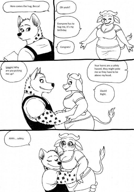 anthro blush bulletproof_vest clothing dialogue duo face_boob female flat_chested police police_uniform text uniform bernielover disney zootopia becca_(bernielover) fan_character melissa_bogo_(bernielover) bovid bovine cape_buffalo hyena mammal spotted_hyena comic english_text hi_res monochrome