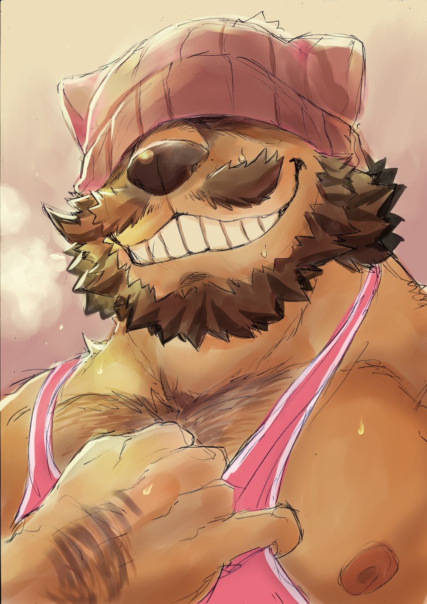 anthro beard bodily_fluids clothing facial_hair fur grin hat headgear headwear homeless kemono knit_hat male muscular mustache nipples shirt smile solo sweat tank_top topwear kas20241013 mr._knit_hat canid canine canis domestic_dog mammal absurd_res hi_res