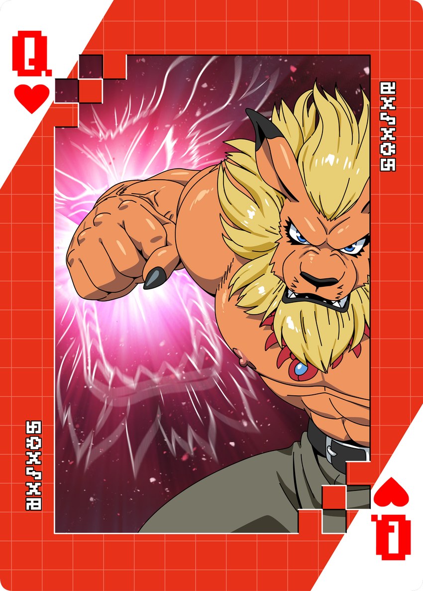 abs angry anthro blonde_hair blue_eyes card clothed clothing hair male muscular muscular_anthro muscular_male nipples pecs playing_card punch queen_of_hearts_(card) solo suit_symbol topless roaringmoon bandai_namco digimon digimon_(species) leomon hi_res