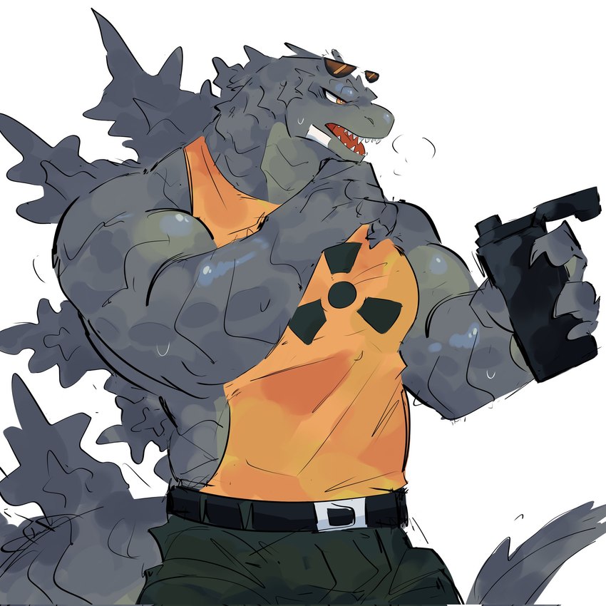 anthro barazoku biceps black_body black_scales bodily_fluids bottle clothing container hazard_symbol male muscular muscular_anthro muscular_male orange_clothing orange_eyes orange_shirt orange_tank_top orange_topwear pecs radiation_symbol scales shirt solo standing sweat symbol tank_top topwear water_bottle majinruii godzilla_(series) toho godzilla godzilla_(2014) kaiju 1:1 hi_res