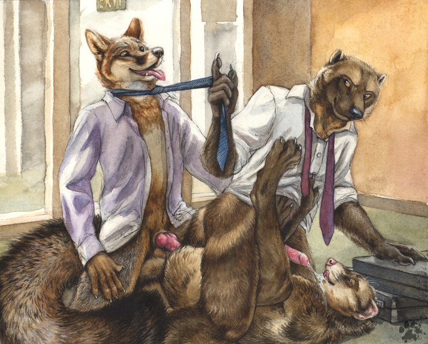 anal anal_penetration animal_genitalia animal_penis anthro blue_necktie bodily_fluids bottomless bottomless_anthro bottomless_male briefcase brown_body brown_fur canine_genitalia canine_penis clothed clothed/nude clothed_anthro clothed_male clothing clothing_pull cum cum_on_face cum_string erection exhibitionism exit_sign fellatio fellatio_while_penetrating flexible fur genital_fluids genitals group group_sex kneeling knot legs_up looking_pleasured lying male male/male male_penetrated male_penetrating male_penetrating_male mostly_nude mostly_nude_anthro mostly_nude_male necktie necktie_only necktie_pull nude nude_anthro nude_male office on_back open_clothing open_shirt open_topwear oral orgasm_face penetration penile penis public public_nudity public_sex red_necktie sex shirt shirt_only suitcase tail threesome tongue tongue_out topwear topwear_only train_position trio unprofessional_behavior unusual_position white_clothing white_shirt white_topwear blotch canid canine domestic_ferret fox grey_fox gulonine mammal mustelid musteline true_musteline urocyon weasel wolverine