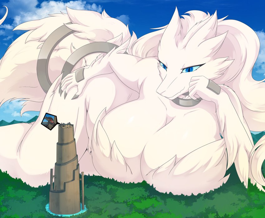 anthro big_breasts blue_eyes breasts female fingers fur hair landscape_dwarfing macro naturally_censored nipple_tuft nude size_difference smile tuft white_body white_fur white_hair son2j mythology nintendo pokemon dragon generation_5_pokemon legendary_pokemon mythological_creature mythological_scalie pokemon_(species) reshiram scalie zekrom absurd_res hi_res