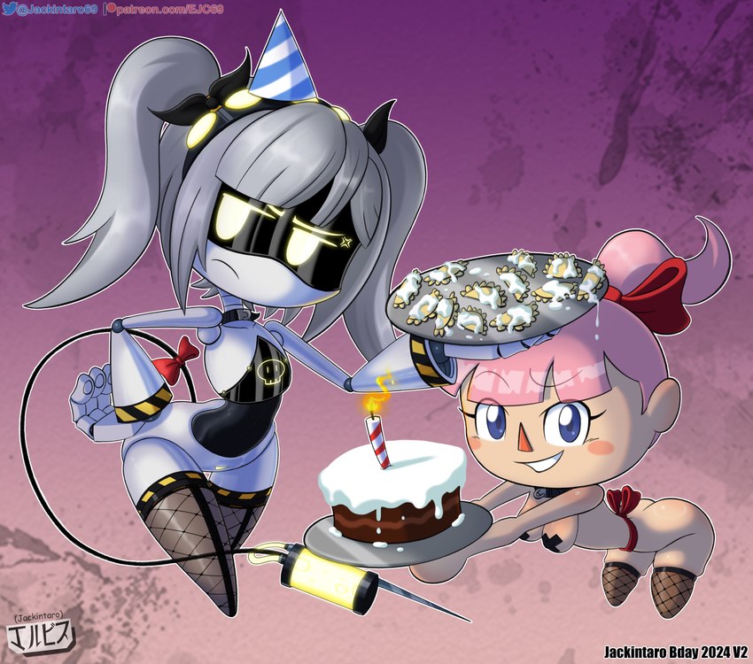 accessory angry birthday birthday_cake blue_eyes breasts butt cake choker clothing dessert duo empanada female fingers fishnet_clothing fishnet_legwear food grey_hair hair hazard_stripes headgear headwear jewelry legwear looking_at_viewer machine necklace not_furry nude pastry pigtails pink_hair ponytail ribbons screen_eyes simple_background smile stockings syringe tail text twintails_(hairstyle) white_body yellow_eyes jackintaro animal_crossing glitch_productions murder_drones nintendo j_(murder_drones) villager_(animal_crossing) disassembly_drone human humanoid mammal robot robot_humanoid tailed_humanoid absurd_res crossover digital_media_(artwork) hi_res url