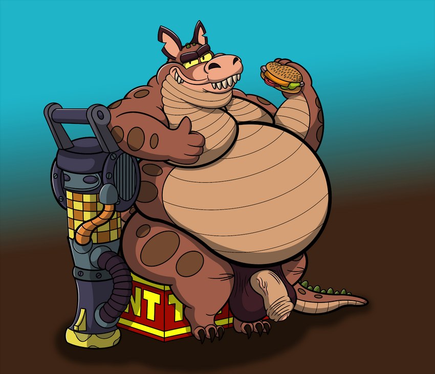 3_toes 4_fingers anthro balls belly big_belly burger claws explosives fangs feet fingers flaccid food foreskin genitals gesture gun hand_gesture holding_burger holding_food holding_object looking_at_viewer male moobs notched_ear nude obese obese_anthro obese_male overweight overweight_anthro overweight_male penis ranged_weapon saggy_balls sitting smile solo teeth thick_thighs thumbs_up tnt tnt_crate toe_claws toes weapon yellow_eyes sewergator activision crash_bandicoot_(series) dingodile canid canine canis crocodile crocodilian dingo hybrid mammal reptile scalie 2021