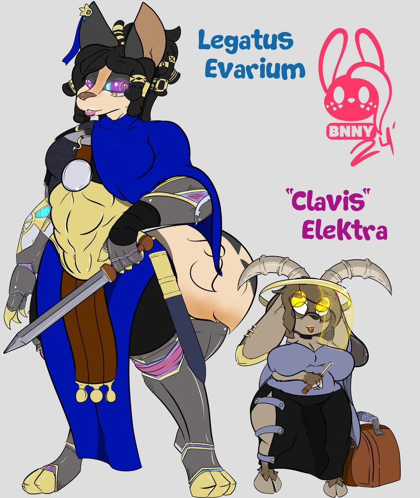 armor black_hair brown_body brown_fur bulge cloak clothing cybernetics detailed_bulge digitigrade_paws female fur genital_outline glowing glowing_eyes hair hooves horn machine melee_weapon muscular penis_outline penis_under_skirt prosthetic prosthetic_limb sword text weapon succubusbnny bovid canid canine canis caprine cyborg goat jackal mammal absurd_res english_text hi_res