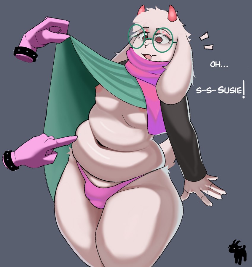 anthro belly bulge clothed clothing clothing_lift collar duo eyelashes eyeshadow eyewear female femboy fur glasses goat_tail hand_on_belly horn looking_at_another makeup male male/female male_focus nipples offscreen_female overweight panties pink_eyeshadow pink_horn pink_scarf poking_stomach scarf slightly_chubby slightly_chubby_male surprised_expression thick_thighs underwear wearing_glasses white_body white_fur wide_hips capra69capra deltarune undertale_(series) ralsei susie_(deltarune) bovid caprine darkner goat mammal comment_chain hi_res