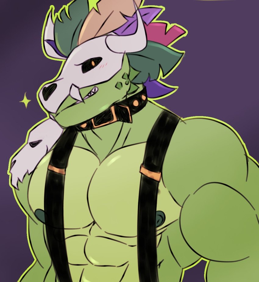 anthro bone bone_mask collar green_body male mask muscular muscular_anthro muscular_male nipples non-mammal_nipples pecs skull skull_mask suspenders zaflep terraria witch_doctor_(terraria) lihzahrd lizard reptile scalie hi_res