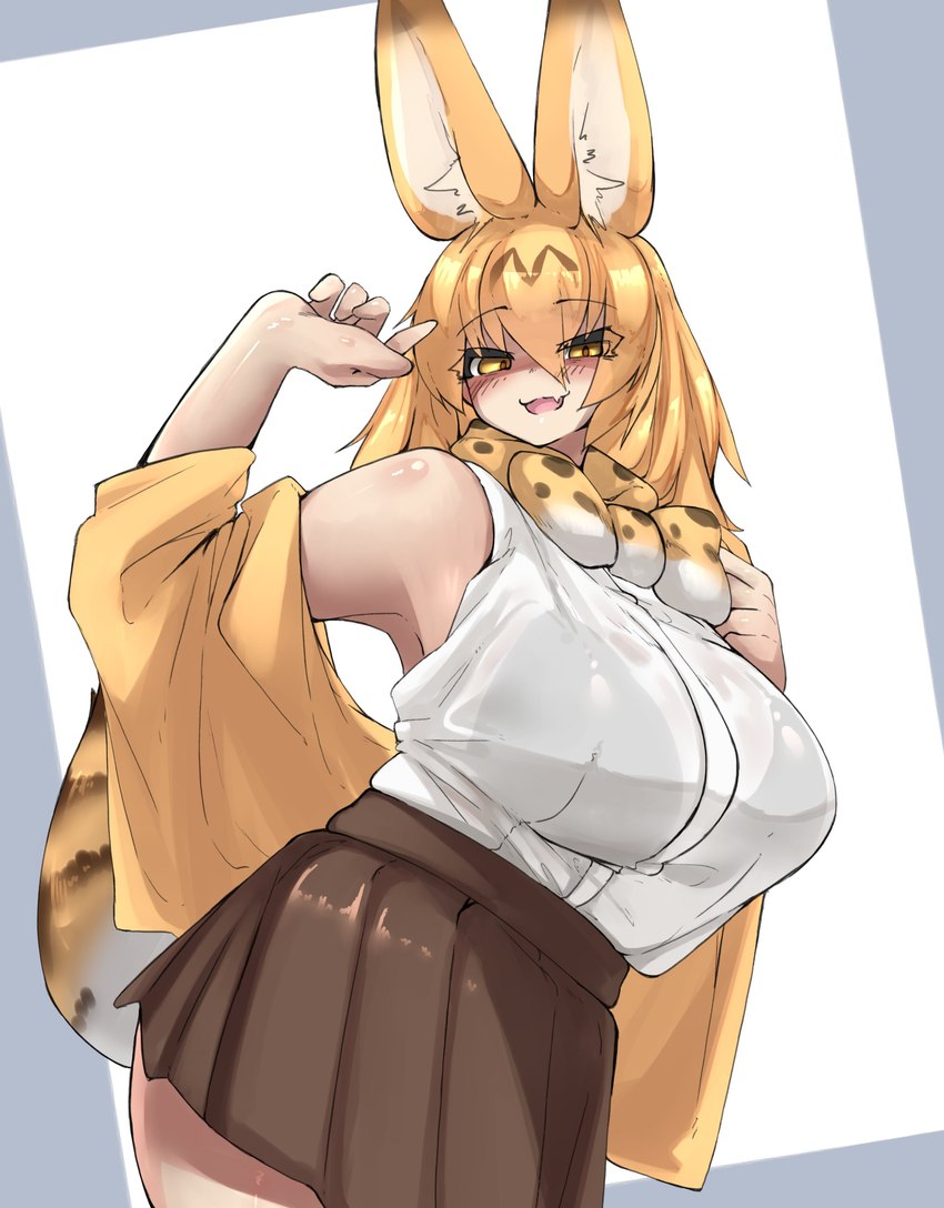 big_ears blonde_hair blush bottomwear bow_tie bra clothed clothing dipstick_ears dipstick_tail ear_markings female hair highlights_(coloring) inner_ear_fluff markings medium_hair multicolored_ears open_mouth skin_fang skirt solo tail tail_markings translucent translucent_clothing tuft underwear yellow_eyes urisaba kemono_friends serval-chan animal_humanoid felid felid_humanoid feline feline_humanoid humanoid mammal mammal_humanoid serval_humanoid absurd_res hi_res