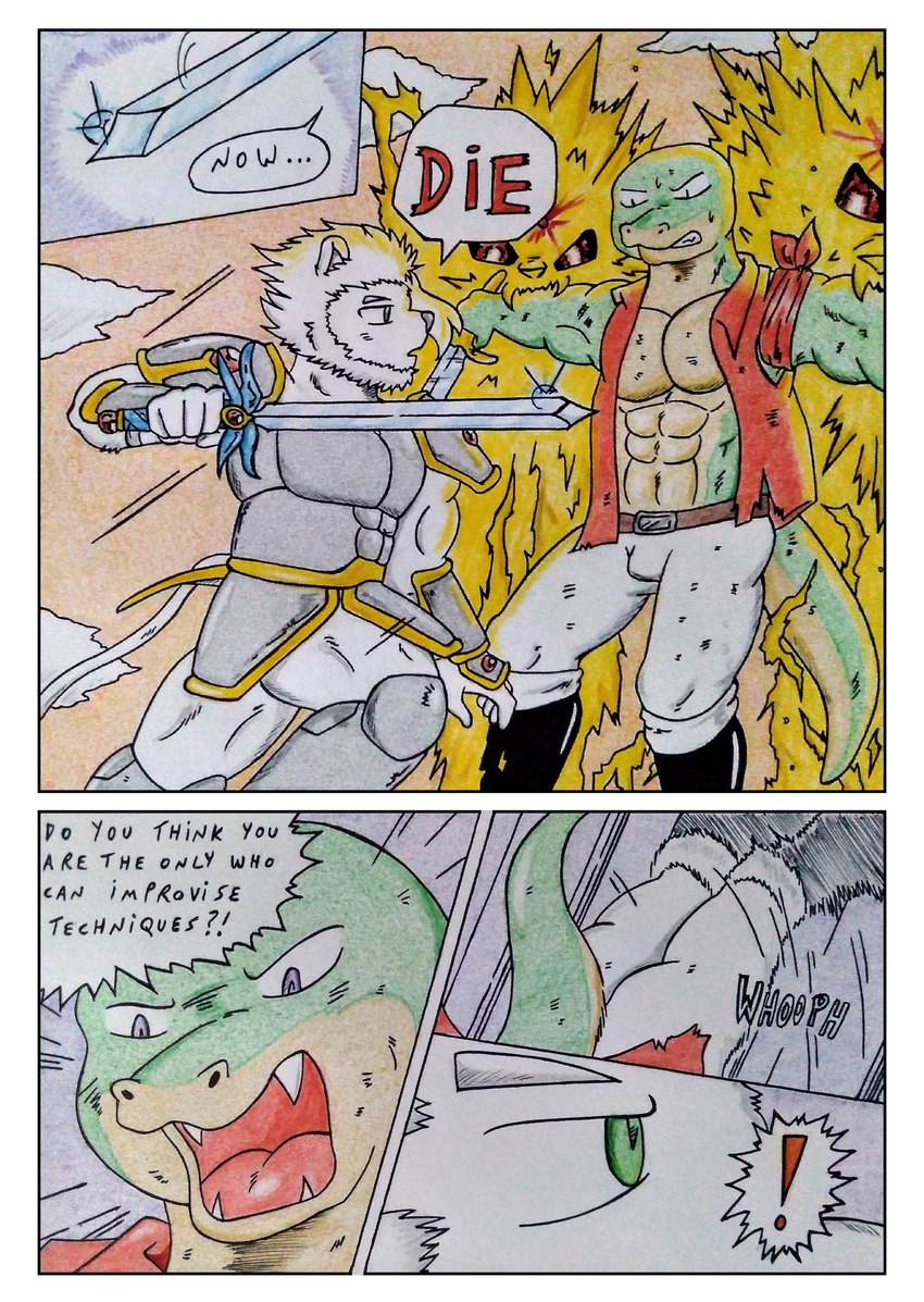 angry anthro armor armored_boots barazoku battle biceps bite boots bulge chest_armor clothed clothing comic_panel dagger determined dialogue electricity fast footwear fur glowing glowing_eyes green_body green_eyes hair holding_object holding_weapon jumping kerchief killer_intention lizard_tail magic male manly melee_weapon motion_lines muscular muscular_anthro muscular_arms muscular_legs muscular_male obliques onomatopoeia open_mouth pain pecs powerful purple_eyes red_clothing shoes shoulder_pads sound_effects summoning sword text weapon white_body wounded dashthefox albino_(seaborn) nikel felid lion lizard mammal pantherine reptile scalie absurd_res comic english_text hi_res traditional_media_(artwork)