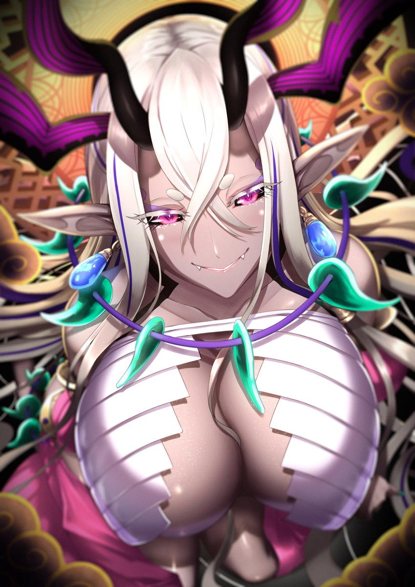 ahoge bangs bare_shoulders beads big_breasts black_sclera blue_eyelashes blue_nails blush breasts cleavage clothed clothing colored_nails ear_accessory ear_piercing eyelashes eyeliner fangs female glistening glistening_body glistening_skin hair horn huge_breasts humanoid_pointy_ears jewelry looking_at_viewer magatama makeup male male/female monster_girl_(genre) multicolored_hair nails not_furry piercing pink_eyes pointy_ears purple_body purple_hair purple_skin sharp_fangs solo teeth white_hair shiroshisu asian_mythology east_asian_mythology fate_(series) japanese_mythology mythology type-moon saber_ibuki-douji demon humanoid mammal oni yokai digital_media_(artwork) hi_res