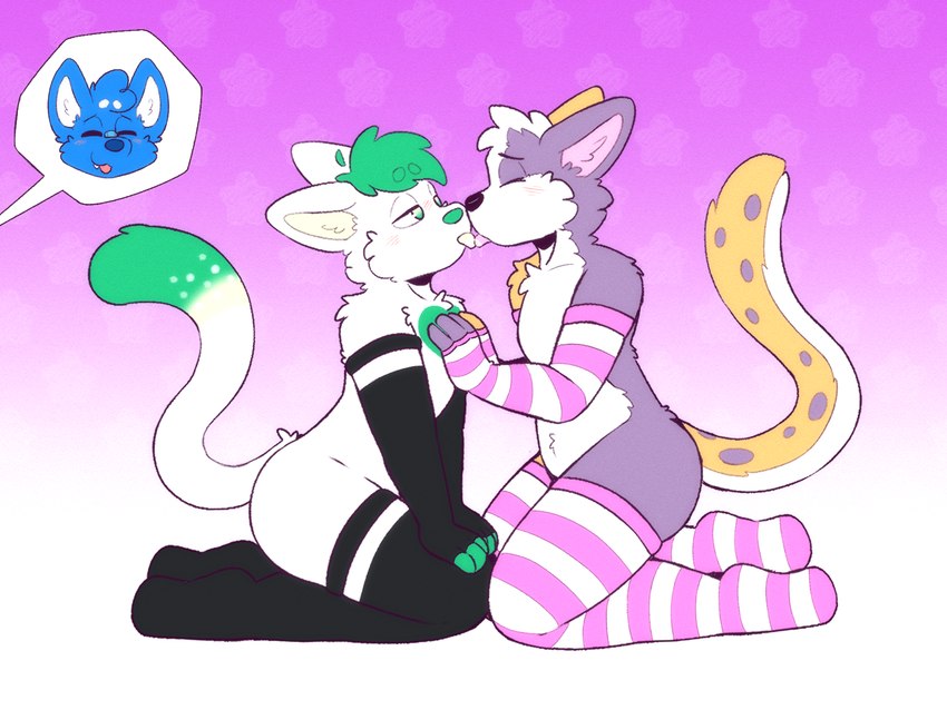 anthro blush butt clothed clothing duo femboy fur kissing legwear male male/male simple_background suggestive_pose tail thigh_highs tongue warmers wolfyzeeb comet_(alexboom11) reddy_cat zeeb_wolfy domestic_cat felid feline felis mammal 4:3 hi_res