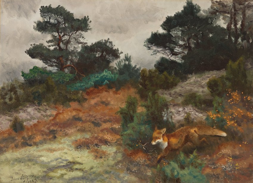 ambiguous_gender autumn brown_body brown_fur detailed_background feral fur nude plant quadruped sky solo tree white_body white_fur bruno_liljefors public_domain canid canine fox mammal red_fox true_fox 1923 20th_century ancient_art hi_res oil_painting_(artwork) painting_(artwork) signature traditional_media_(artwork)