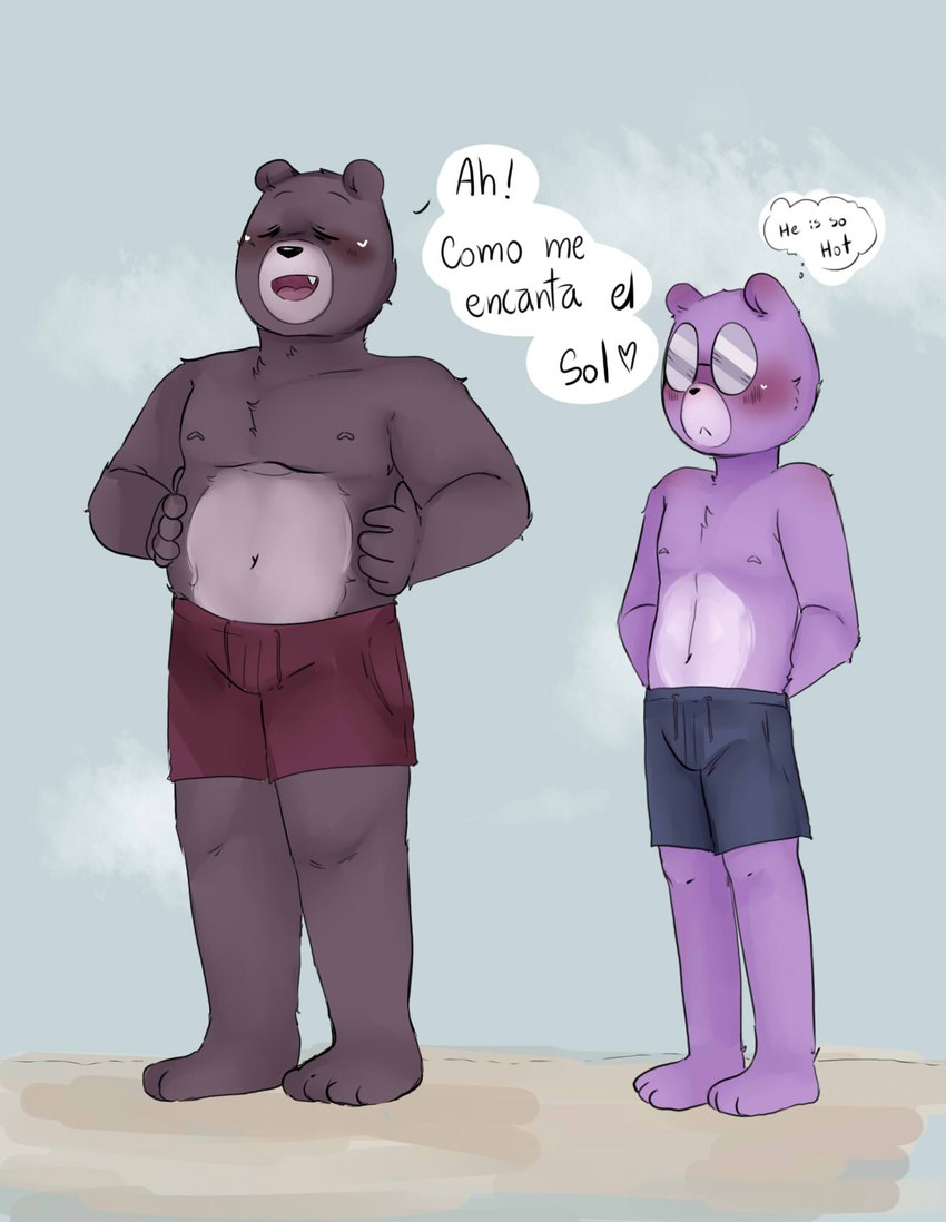 anthro blush bottomwear brown_body clothing dialogue duo eyes_closed eyewear glasses humanoid_hands male purple_body shorts swimwear text zadscat unicorn_wars padre_(unicorn_wars) sargento_caricias bear mammal 2023 hi_res spanish_text