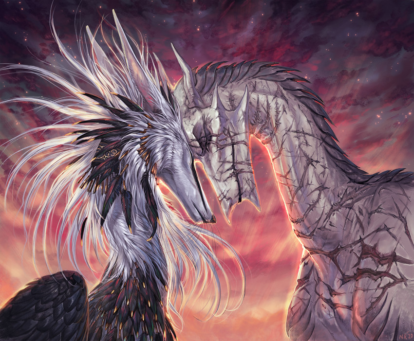 ambiguous_gender day detailed_background duo feral fur outside scar sky spines nukerooster mythology fallion arch_(nukerooster) dragon mythological_creature mythological_scalie scalie 2020 digital_media_(artwork)