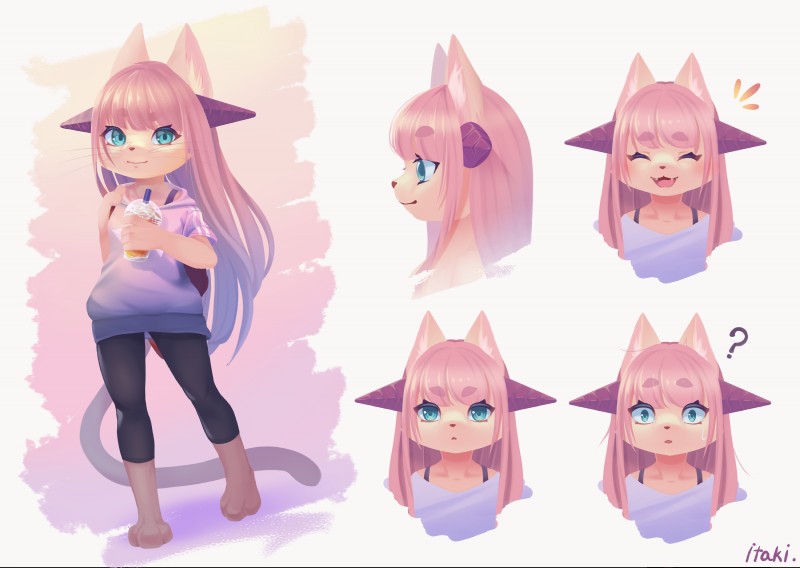 anthro blue_eyes bottomwear clothing eyes_closed frappuccino hair horn kemono long_hair open_mouth pants pink_hair question_mark side_view smile solo whiskers yoga_pants itaki. domestic_cat felid feline felis hybrid mammal absurd_res hi_res model_sheet signature