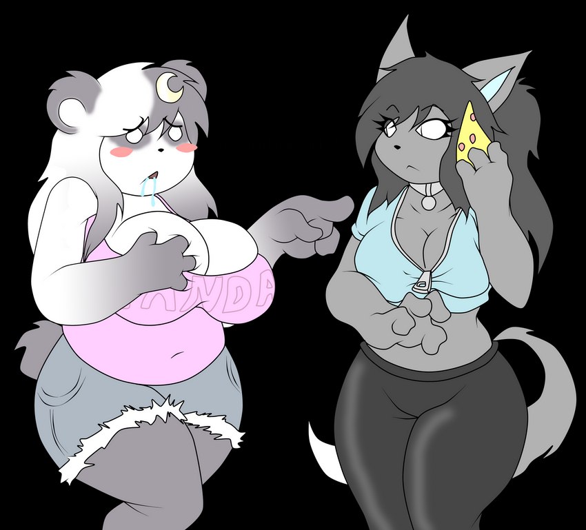 anthro breasts clothing duo etastic female food pizza luna_paws toni bear domestic_cat felid feline felis giant_panda mammal absurd_res alpha_channel hi_res