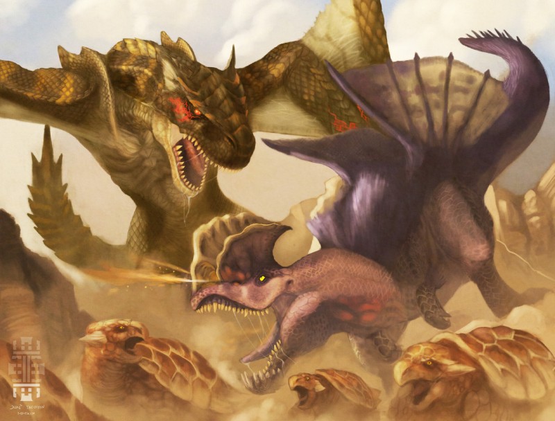 day detailed_background feral group horn open_mouth outside teeth tongue yellow_eyes lone-scarab capcom monster_hunter anjanath apceros brute_wyvern flying_wyvern herbivore_(mh) tigrex 2019 digital_media_(artwork) hi_res