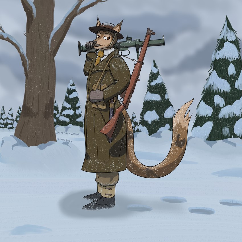 anthro armor bayonet boots brown_body brown_eyes brown_fur brown_hair clothing cloud dipstick_ears dipstick_tail ear_markings facial_hair footwear forest forest_background fur greatcoat green_clothing gun hair headgear helmet knife lee-enfield looking_at_viewer male markings multicolored_ears mustache nature nature_background necktie overcast overcoat piat plant ranged_weapon rifle shoes sky smle snow snowing solo tail tail_markings tree weapon winter world_war_2 yellow_clothing panzerschreckleopard dara_o'shane fictional_species lynxuki 1:1 2024 absurd_res colored hi_res