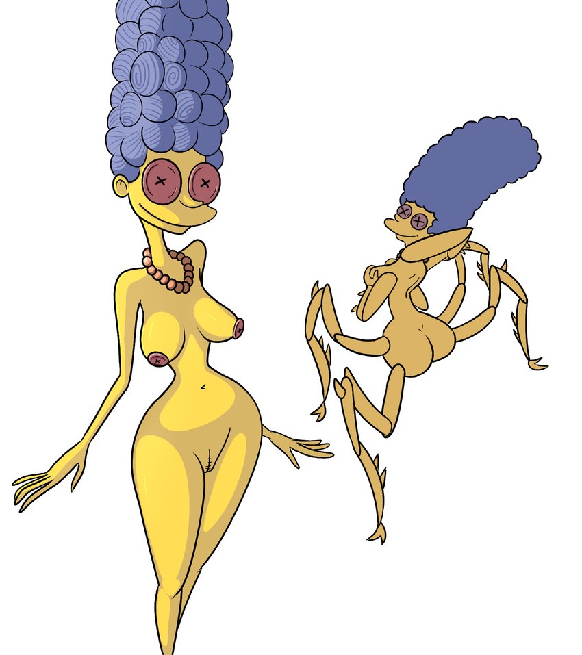 4_arms 4_legs blue_hair breasts butt button_(fastener) curvy_figure female genitals hair holding_breast hourglass_figure jewelry multi_arm multi_limb necklace nipples nude pussy simple_background smile solo white_background yellow_body yellow_skin impstripe coraline_(film) laika_studios the_simpsons treehouse_of_horror marge_simpson animal_humanoid arachnid arachnid_humanoid arthropod arthropod_humanoid human humanoid mammal spider_humanoid 2023 hi_res