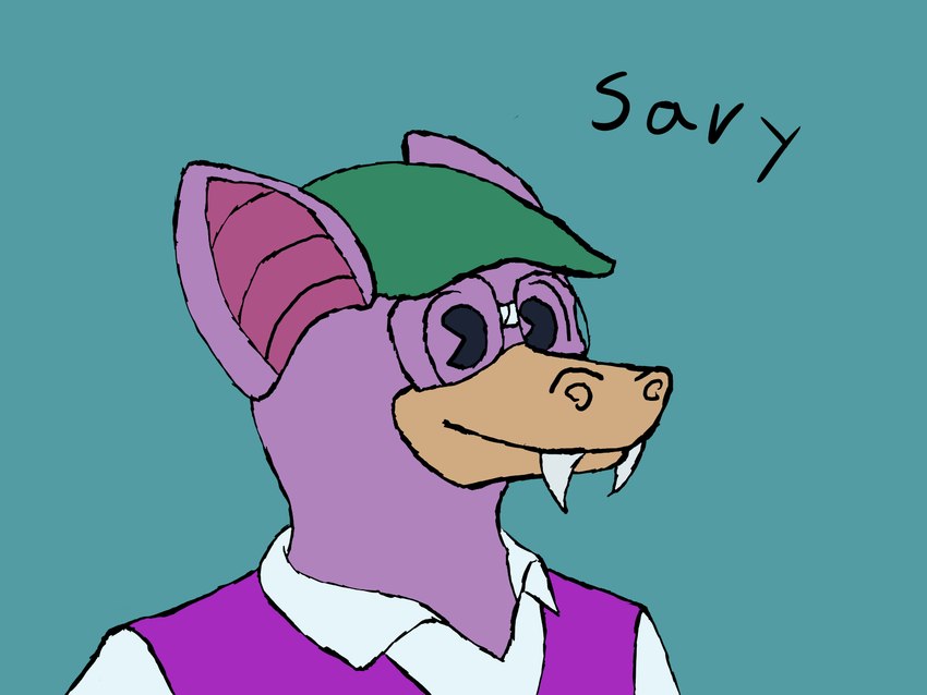 anthro clothed clothing collared_shirt dot_eyes dress_shirt eyewear fangs glasses green_clothing green_hat green_headwear hat headgear headwear male nerd purple_body purple_clothing purple_inner_ear purple_topwear purple_vest shirt simple_background smile snout solo taped_glasses teal_background teeth topwear vest wearing_glasses white_clothing white_shirt white_topwear savy_(artist) toontown_online bat mammal 2022 4:3 bust_portrait digital_drawing_(artwork) digital_media_(artwork) firealpaca_(artwork) flat_colors hi_res portrait signature