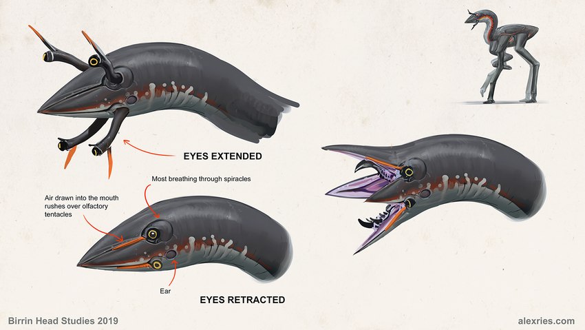 4_eyes 6_legs ambiguous_gender eyestalks fangs feral grey_body grey_skin multi_eye open_mouth orange_body orange_skin solo standing teeth text white_body white_skin alex_ries alien birrin english_text multiple_images url