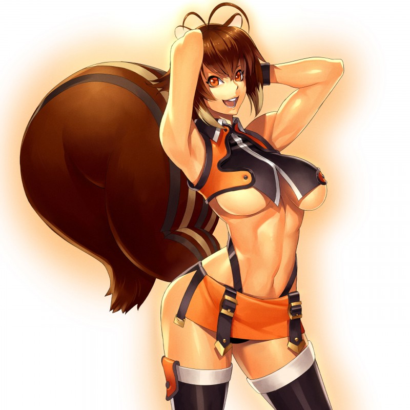 breasts brown_hair clothed clothing female hair orange_eyes solo under_boob ogami arc_system_works blazblue makoto_nanaya animal_humanoid humanoid mammal mammal_humanoid rodent rodent_humanoid sciurid sciurid_humanoid tree_squirrel_humanoid 1:1 2014 absurd_res hi_res