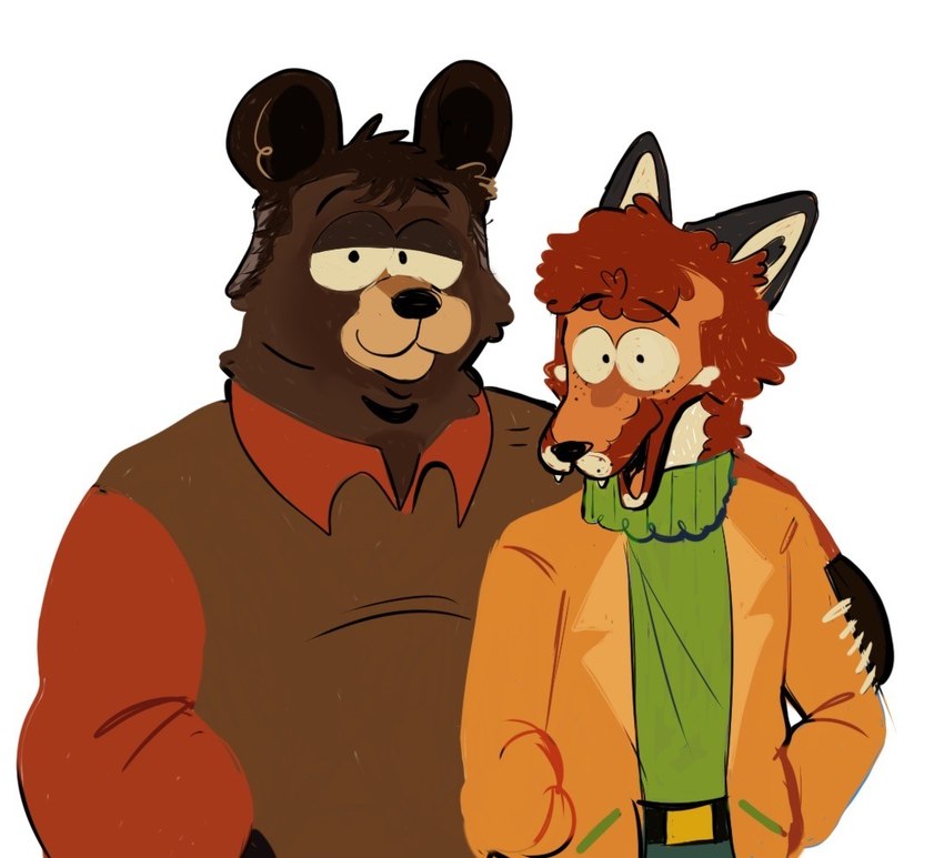 alternate_species anthro brown_body brown_fur brown_hair claws clothed clothing curled_hair duo fangs fur furrification hair male multicolored_body multicolored_fur orange_body orange_fur red_hair shirt smile smiling_at_viewer sweater teeth topwear turtleneck two_tone_body two_tone_fur white_body white_fur pononoin comedy_central south_park kyle_broflovski stanley_marsh bear canid canine fox mammal red_fox true_fox