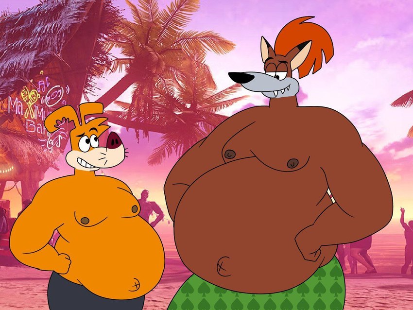 anthro back_rolls beach belly big_belly clothing duo fat_rolls looking_at_another male navel outie outie_navel overweight overweight_anthro overweight_male size_difference swimming_trunks swimwear tropical wolfox90210 cartoon_network fox_kids frankenfox moxy_(the_moxy_show) canid canine canis domestic_dog fox mammal 2024 4:3