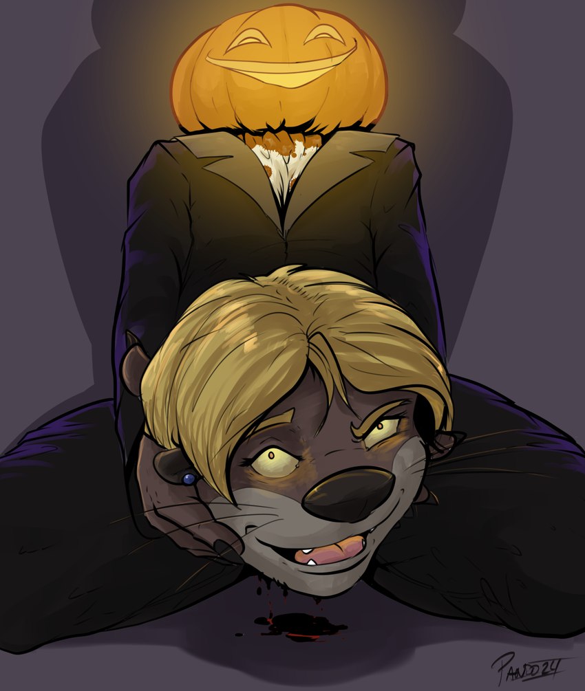 anthro black_clothing black_suit blonde_hair blood blood_on_ground blood_pool blue_ear_piercing bodily_fluids brown_body brown_fur clothing creepy_face creepy_smile dripping_blood ear_piercing food for_a_head fruit fur glowing glowing_eyes gore hair holding_own_head jack-o'-lantern male piercing plant pumpkin pumpkin_head scary severed_body_part severed_head shadow simple_background smile solo suit teeth tongue topwear whiskers yellow_eyes pandottermon mammal mustelid object_head otter 2024 artist_name colored hi_res