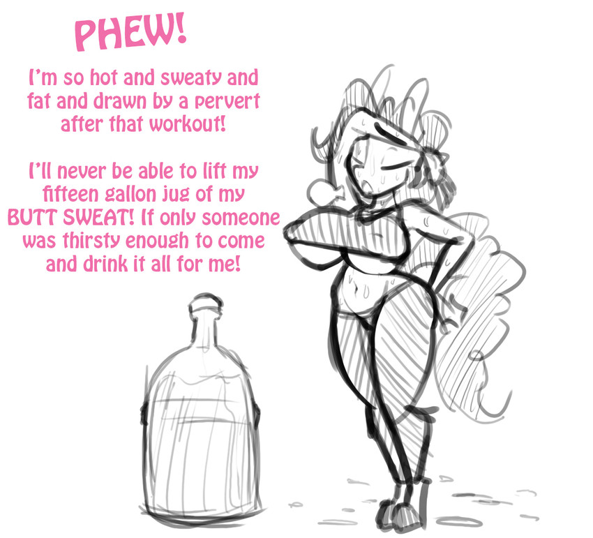 anthro anthrofied big_breasts bodily_fluids bottle breasts clothing container dialogue female nipple_outline solo standing sweat text tight_clothing under_boob wide_hipped_female wide_hips wiping_brow jrvanesbroek friendship_is_magic hasbro my_little_pony pinkie_pie_(mlp) equid equine horse mammal pony digital_drawing_(artwork) digital_media_(artwork) english_text monochrome