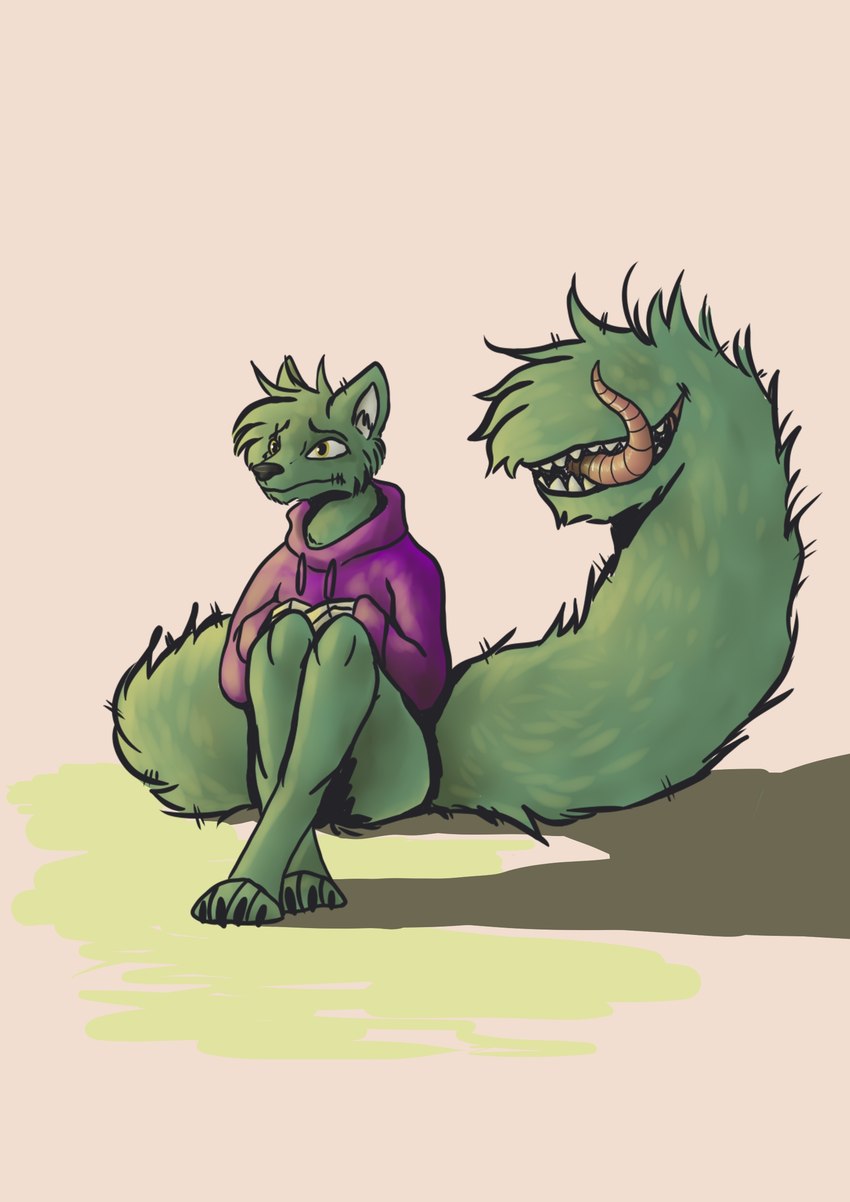 anthro fangs fluffy fluffy_tail fur green_body green_fur green_hair green_legs green_wolf hair long_tongue male open_mouth sitting solo tail tail_mouth teeth tongue tongue_out unusual_anatomy unusual_tail what yellow_eyes tafy_tail tafy canid canine canis mammal wolf absurd_res full-length_portrait hi_res portrait