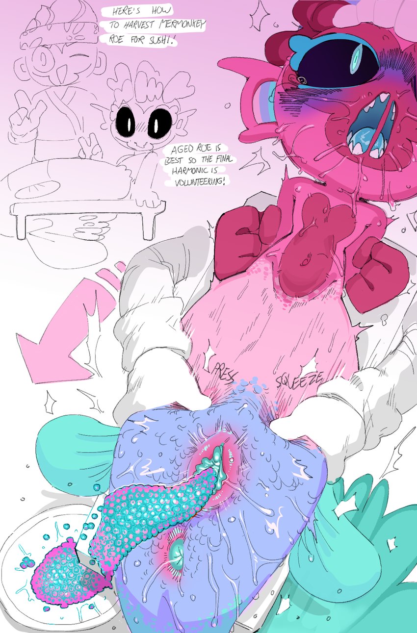 accessory anal_fluids anthro anus black_sclera blue_body blue_eyes bodily_fluids caviar chef clothing directional_arrow drooling duo ear_fins egg female fin furniture genital_fluids genitals gesture gloves hand_gesture handwear headband implied_cannibalism male multicolored_body oviposition plate pussy red_body roe_(egg) saliva sharp_teeth split_form squeezing_belly table teeth text v_sign vaginal_fluids goatboydraws bloons_tower_defense ninja_kiwi mermonkey haplorhine humanoid mammal marine merfolk monkey primate english_text hi_res
