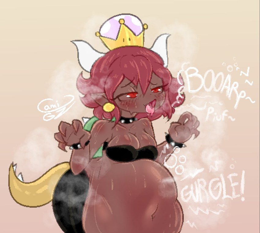 ahegao belly big_belly blush bodily_fluids bodily_noises breasts clothing crown digestion_noises female female_humanoid female_pred fully_inside gurgle_(sound_effect) headgear huge_belly humanoid_pred looking_pleasured open_mouth oral_vore rumbling_stomach saliva saliva_string simple_background soft_vore solo super_crown sweat sweaty_belly sweaty_breasts tail tongue tongue_out vore cami_gz bowsette_meme mario_bros mythology nintendo bowser animal_humanoid dragon dragon_humanoid humanoid koopa mythological_creature mythological_scalie scalie 2023 digital_media_(artwork) meme