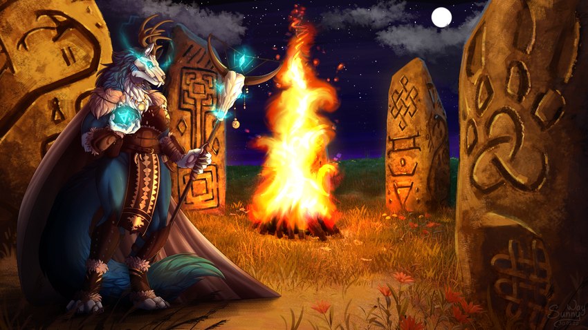 3d_background anthro bone bonfire clothing costume female field flower fur glowing glowing_eyes glowing_staff magic magic_staff mask moon muscular muscular_anthro muscular_female night pagan plant rock skull skull_mask slavic solo staff standing_stone symbol thick_thighs sunny_way european_mythology mythology slavic_mythology veles abyssal_wolf canid canine canis mammal wolf 2022 blender_(artwork) digital_drawing_(artwork) digital_media_(artwork) signature