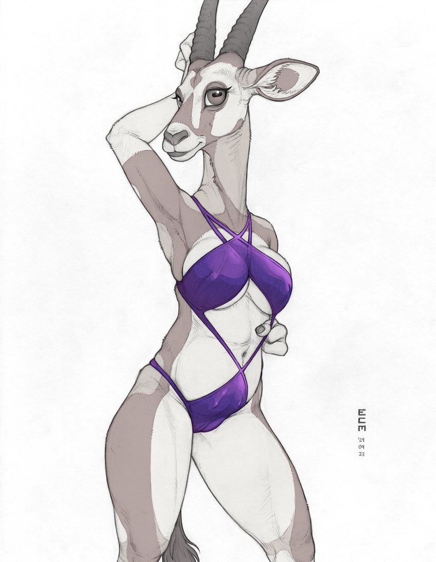 anthro breasts brown_body brown_eyes camel_toe clothing countershading digital_coloring female gloves_(marking) hand_behind_head horizontal_pupils horn inner_ear_fluff long_neck markings mature_anthro mature_female medium_breasts navel nipple_outline one-piece_swimsuit pupils skinny skinny_anthro skinny_female solo swimwear tuft under_boob white_body white_countershading ecmajor antelope bovid grazing_antelope mammal oryx 2024 digital_media_(artwork) flat_colors hi_res mixed_media traditional_media_(artwork)