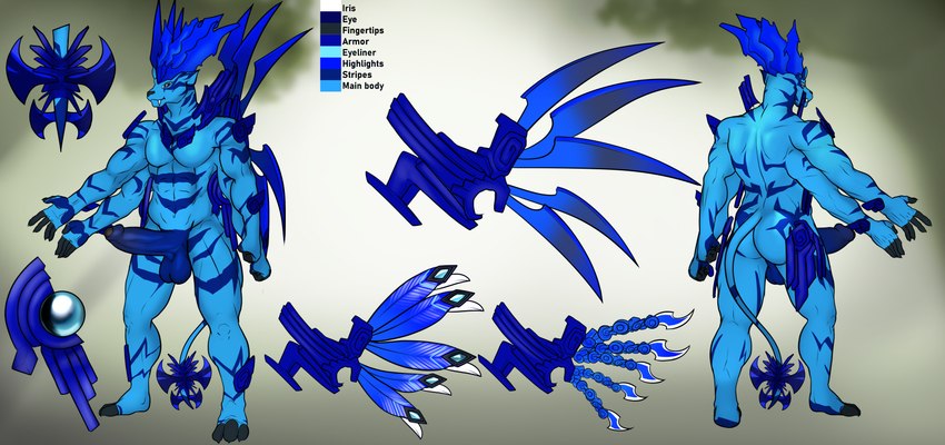 3_toes 4_arms 5_fingers abs anthro armor balls big_penis blade blue_body blue_eyes blue_penis butt eyeliner fangs feathered_wings feathers feet fingers front_view gem genitals humanoid_genitalia humanoid_penis makeup male markings multi_arm multi_limb penis rear_view solo tail tail_blade teeth text toes weapon_tail wings franubis disney spectrobes felid leopard mammal pantherine rydrake spectrobe absurd_res english_text hi_res model_sheet