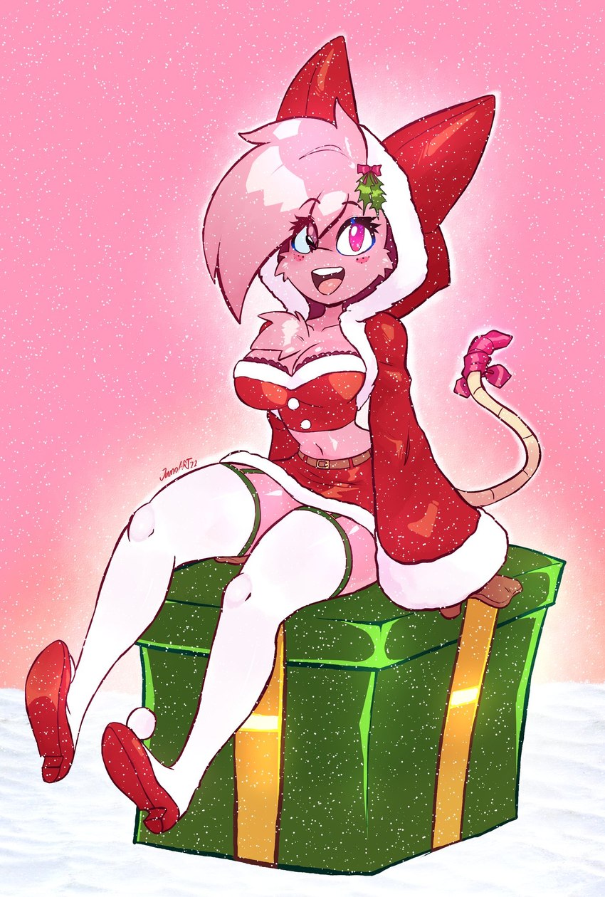 anthro bottomwear box breasts chest_tuft christmas_bottomwear christmas_clothing christmas_skirt clothing container eye_through_hair eyebrow_through_hair eyebrows female footwear fur fur_lined_clothing furgonomics gift_box hair happy holidays hoodie legwear looking_at_viewer medium_breasts midriff open_mouth open_smile pink_background pink_body pink_eyes pink_fur pink_hair red_clothing red_footwear red_shoes shoes simple_background sitting skirt smile snow snowing solo stockings topwear translucent translucent_hair tuft white_clothing white_legwear white_stockings jamoart christmas mathilda_(jamoart) mammal murid murine rat rodent 2022 hi_res