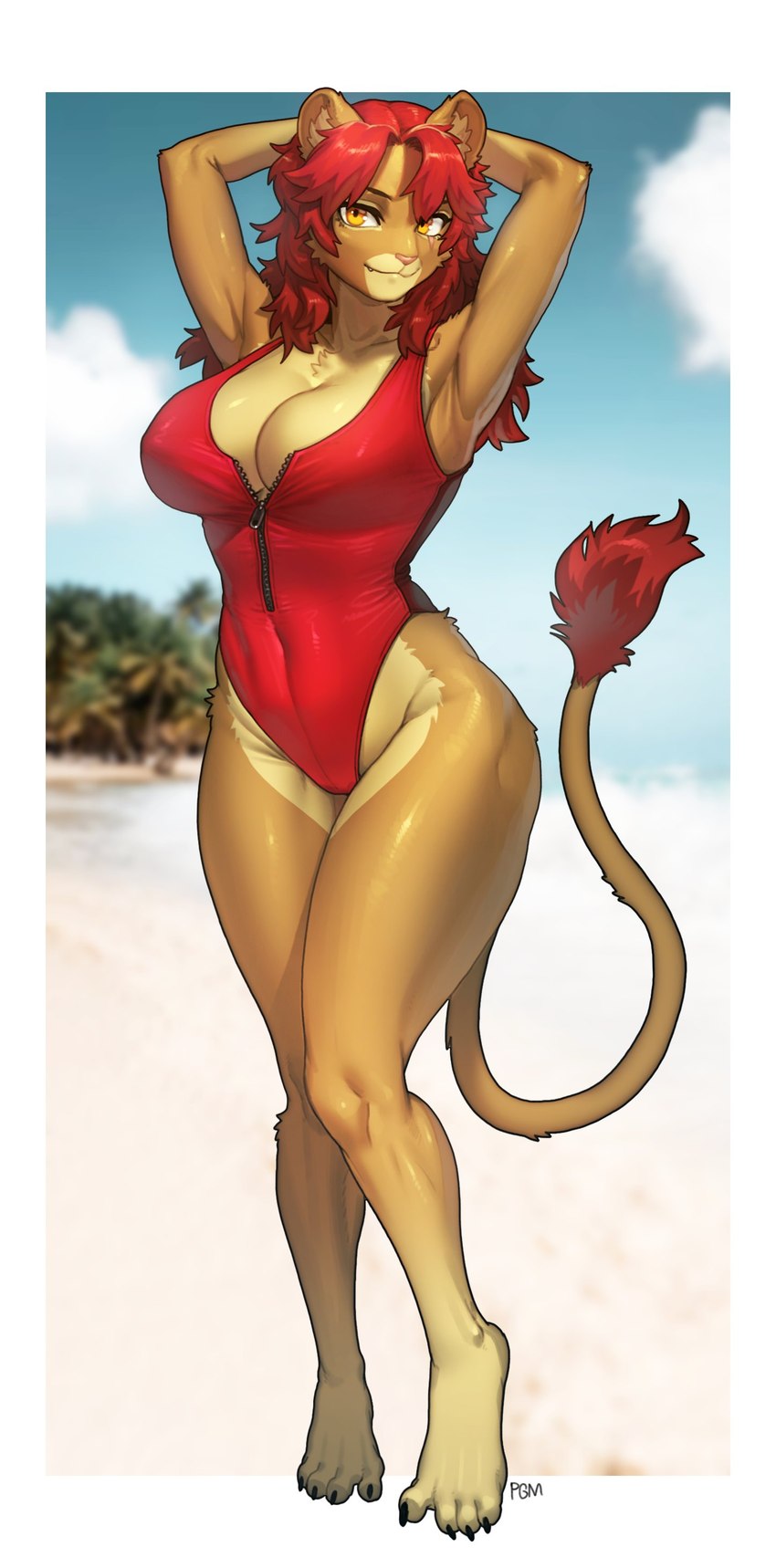 anthro beach big_breasts breasts chest_tuft claws cleavage clothed clothing day female fur hair hands_behind_head highleg looking_at_viewer one-piece_swimsuit outside palm_tree partially_clothed pink_nose plant red_hair sea seaside sky solo standing swimwear tail tail_tuft tan_body tan_fur tree tuft water yellow_eyes zipper zipper_swimsuit zipper_swimwear pgm300 chubby_lioness_(pgm300) sasha_(cold_stone) felid lion mammal pantherine 2023 absurd_res digital_media_(artwork) hi_res