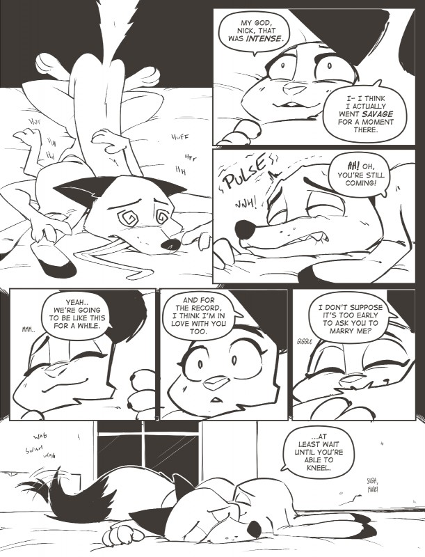 after_sex anthro dialogue dipstick_ears duo ear_markings female love male male/female multicolored_ears nude speech_bubble tail tail_motion tailwag text tongue rockbottomfeeder disney zootopia judy_hopps nick_wilde canid canine fox lagomorph leporid mammal rabbit red_fox true_fox black_and_white comic english_text hi_res monochrome