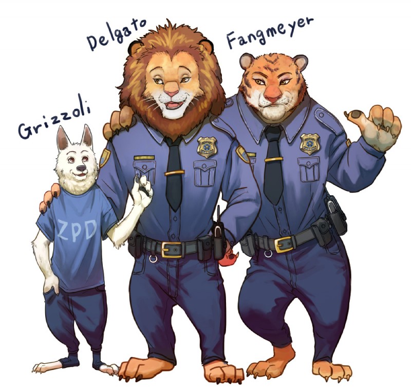 anthro arm_around_shoulders badge bottomwear brown_body brown_eyes brown_fur claws clothed clothing front_view fur group hand_in_pocket hand_on_shoulder looking_at_another male necktie open_mouth open_smile orange_body orange_fur pants pawpads pockets police police_uniform shirt simple_background smile standing striped_body striped_fur stripes t-shirt topwear uniform whiskers white_background white_body white_fur hasegawa-yu disney zootopia officer_delgato officer_fangmeyer officer_grizzoli canid canine canis felid lion mammal pantherine tiger wolf