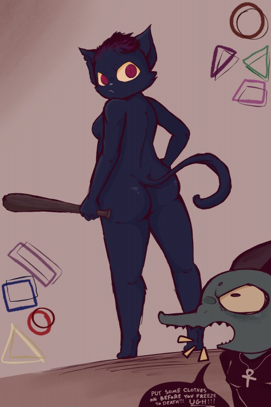 ankh anthro baseball_bat bat_(object) blue_body blue_fur breasts butt dialogue duo female fur hair hand_on_hip nude realistic_anatomy red_eyes red_hair shapes simple_background text salamikii night_in_the_woods bea_santello mae_borowski crocodile crocodilian domestic_cat felid feline felis mammal reptile scalie 2:3 absurd_res english_text hi_res