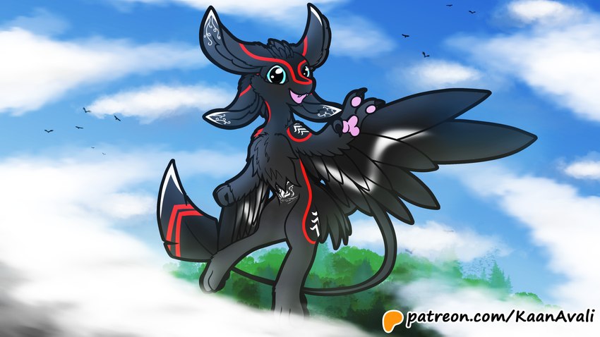 4_ears anthro black_body feathers flying male multi_ear smile solo tail text winged_arms wings kaanavali shade_the_avali alien avali avian bird 16:9 4k absurd_res hi_res url widescreen