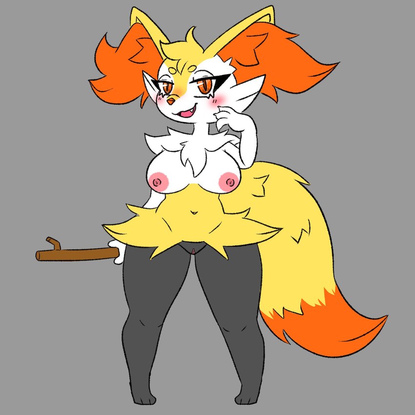 anthro areola big_breasts bodily_fluids breasts female fur genitals looking_at_viewer nipples nude pink_areola pink_nipples pussy simple_background smile solo fallenfoxie lustyfoxie nintendo pokemon braixen canid canine fox generation_6_pokemon mammal pokemon_(species) 1:1 hi_res