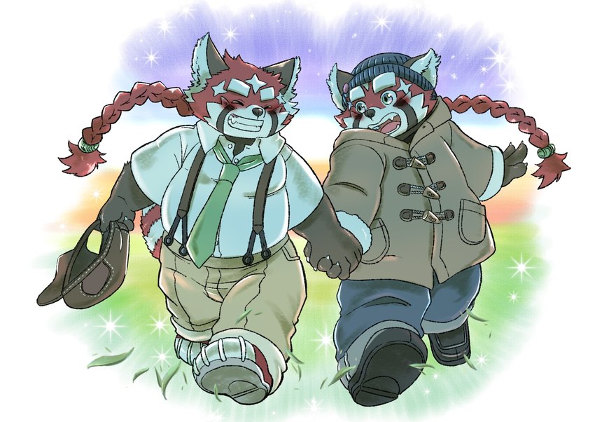 anthro beanie belly braided_hair braided_ponytail clothing coat duo fur hair hand_holding hat headgear headwear long_hair male male/male necktie ponytail red_body red_fur selfcest slightly_chubby square_crossover suspenders topwear kusarikakemono lifewonders tokyo_afterschool_summoners zhurong_(tas) ailurid mammal red_panda