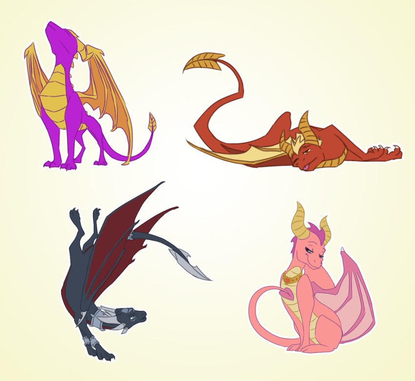 2_horns blep blue_eyes collar female feral group horn male membrane_(anatomy) membranous_wings multicolored_body multicolored_scales quadruped scales simple_background smile smirk spade_tail tail tongue tongue_out two_tone_body two_tone_scales wings young xannador activision mythology spyro_the_dragon cynder ember_(spyro) flame_(spyro) spyro dragon mythological_creature mythological_scalie scalie digital_media_(artwork)