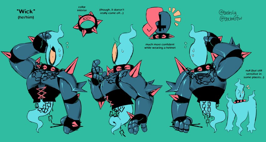 1_eye armor collar headgear helmet male nervous null solo spiked_collar spikes text teebsly wick_(tinybeasts) ghost humanoid spirit english_text model_sheet