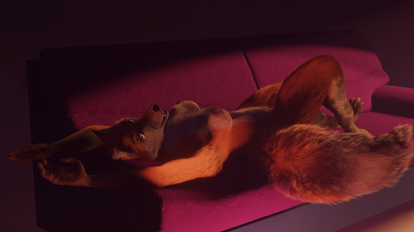 anthro breasts female fluffy fur furniture looking_at_viewer lying nipples nude on_back sofa solo velkiel_(artist) canid canine fox mammal red_fox true_fox 16:9 2020 3d_(artwork) digital_media_(artwork) hi_res widescreen