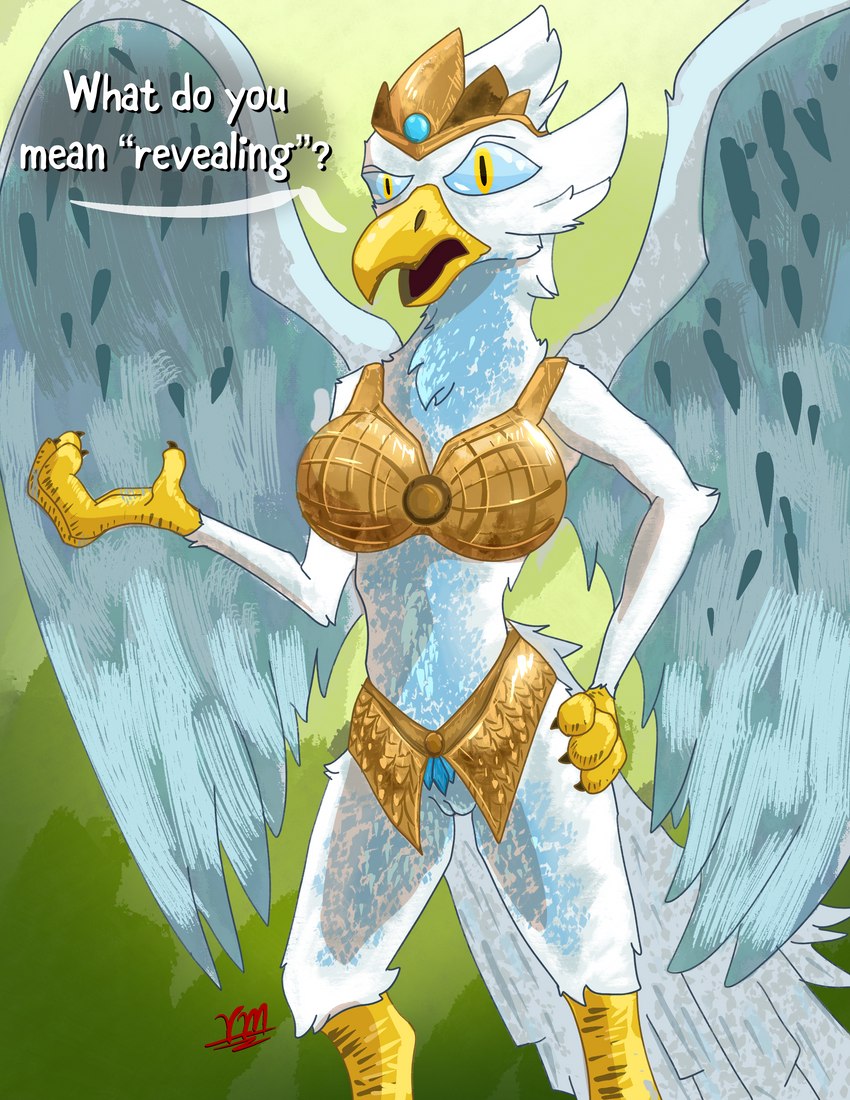 anthro armor asking back_wings beak bra breastplate breasts clothed clothing crown dialogue eyebrows feathers female genitals hand_on_hip headgear headwear humor joke open_beak open_mouth pussy questioning raised_eyebrow skimpy solo standing tail tail_feathers text tiara unconvincing_armor underwear white_body white_feathers white_text wings worried yellow_eyes vike_mike legends_of_chima lego eris_(legends_of_chima) accipitrid accipitriform avian bird eagle absurd_res digital_media_(artwork) hi_res shaded